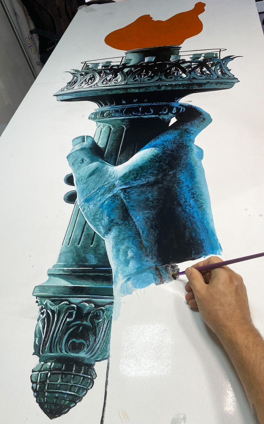 Preparación del mural 'Golden Torch' para colección privada